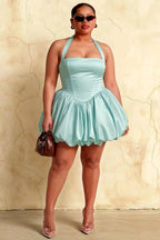 Carolyn Powder Blue Lace-up Halter Mini Dress with Ruching