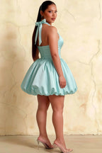 Carolyn Powder Blue Lace-up Halter Mini Dress with Ruching