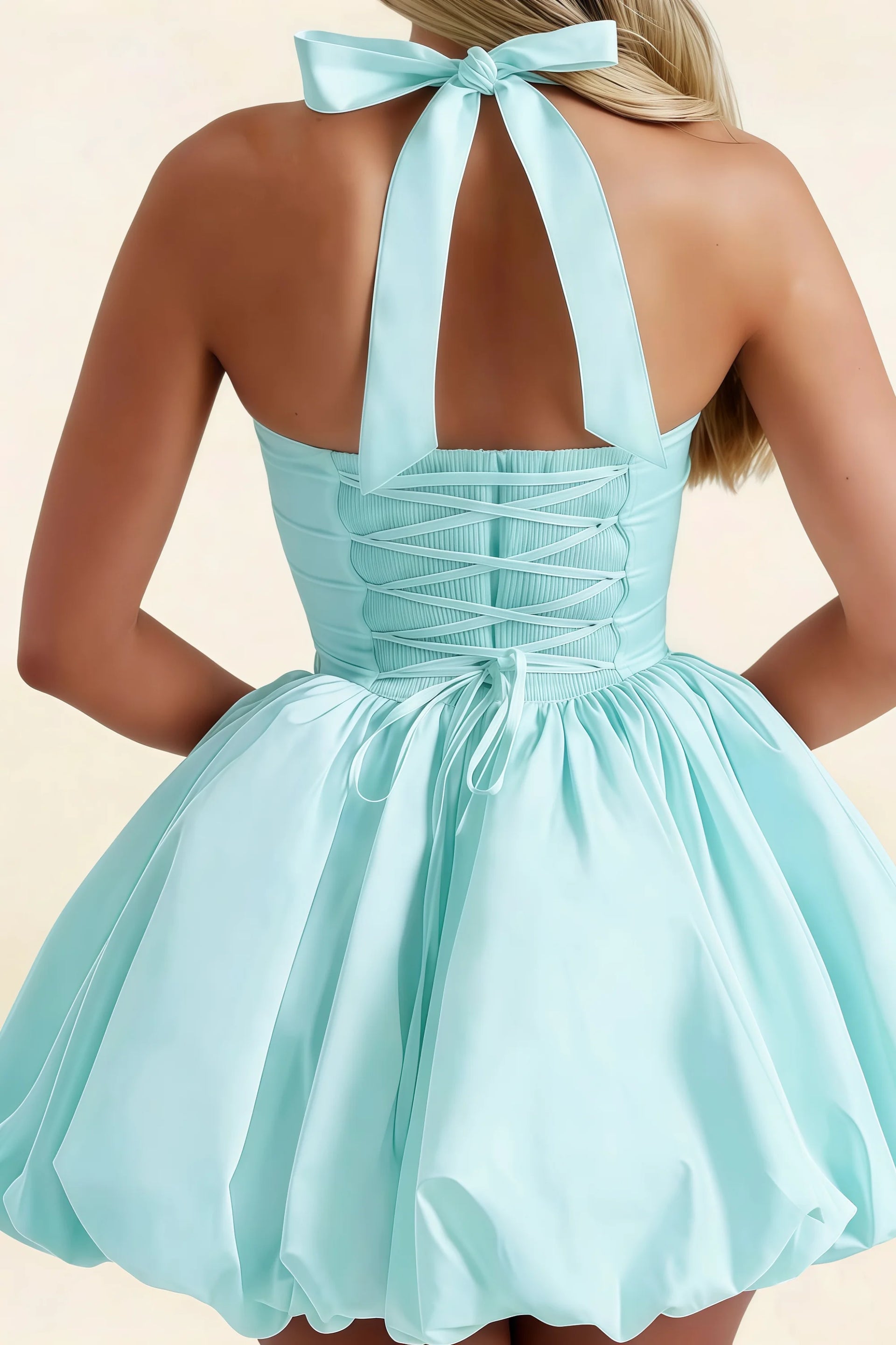 Carolyn Powder Blue Lace-up Halter Mini Dress with Ruching
