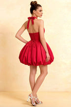 Carolyn Red Lace-up Halter Mini Dress with Ruching