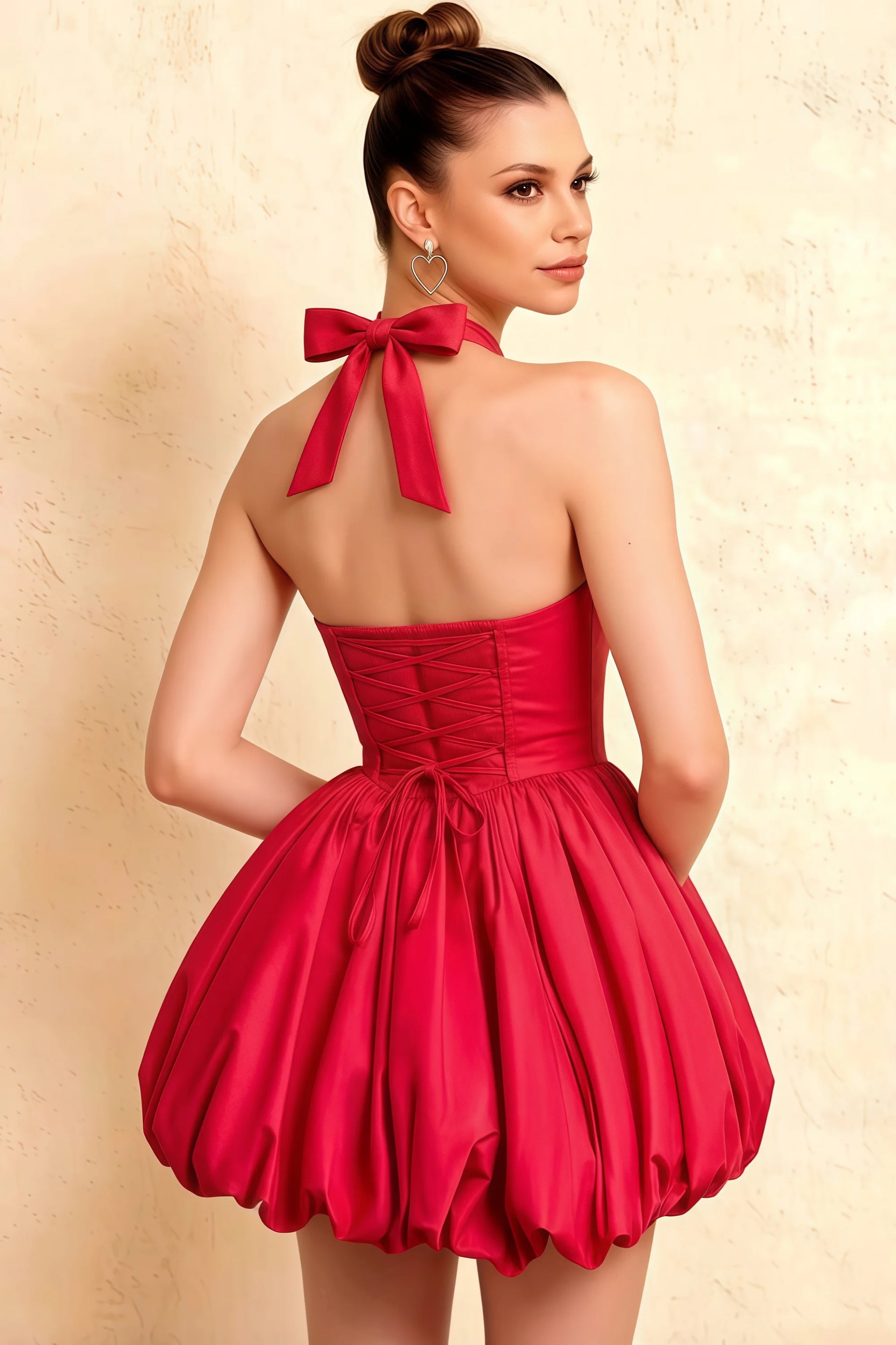Carolyn Red Lace-up Halter Mini Dress with Ruching