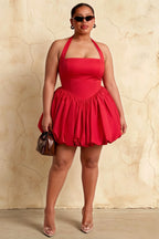 Carolyn Red Lace-up Halter Mini Dress with Ruching