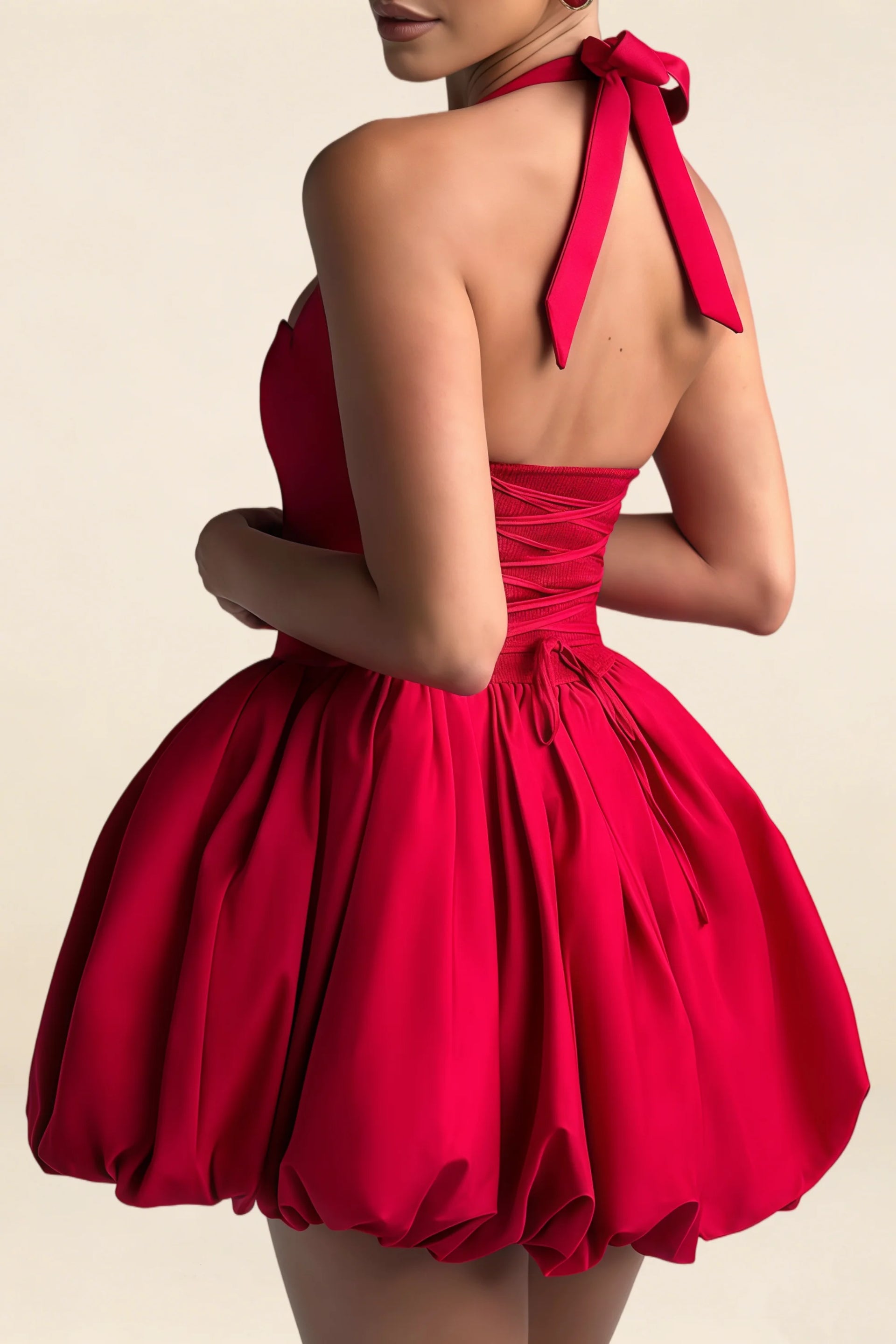Carolyn Red Lace-up Halter Mini Dress with Ruching