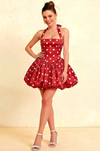Carolyn Red Polka Dot Lace-up Halter Mini Dress with Ruching