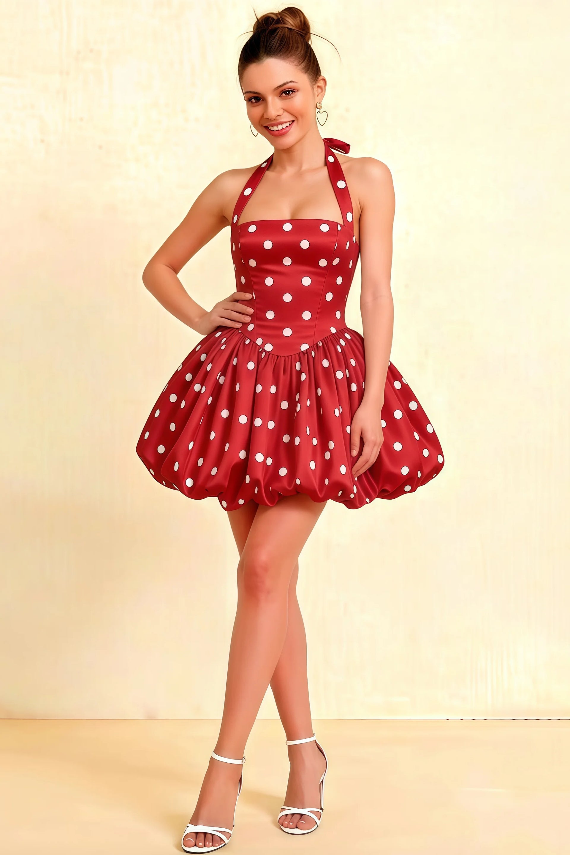 Carolyn Red Polka Dot Lace-up Halter Mini Dress with Ruching