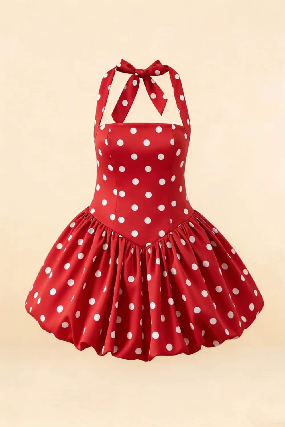 Carolyn Red Polka Dot Lace-up Halter Mini Dress with Ruching