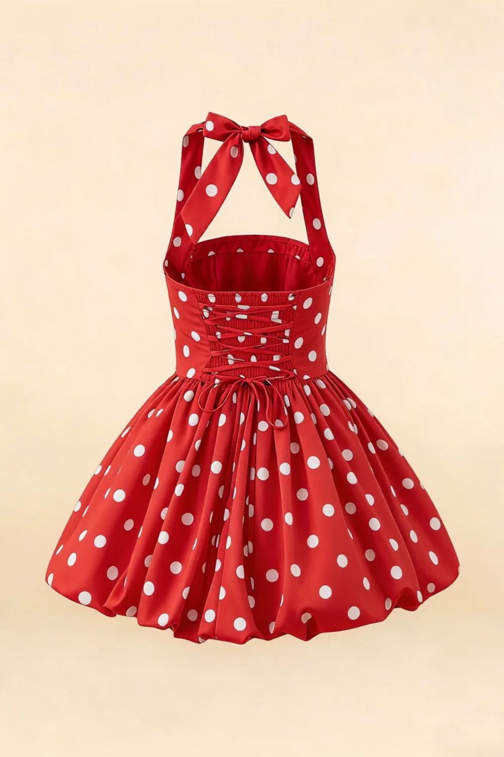 Carolyn Red Polka Dot Lace-up Halter Mini Dress with Ruching