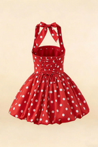 Carolyn Red Polka Dot Lace-up Halter Mini Dress with Ruching