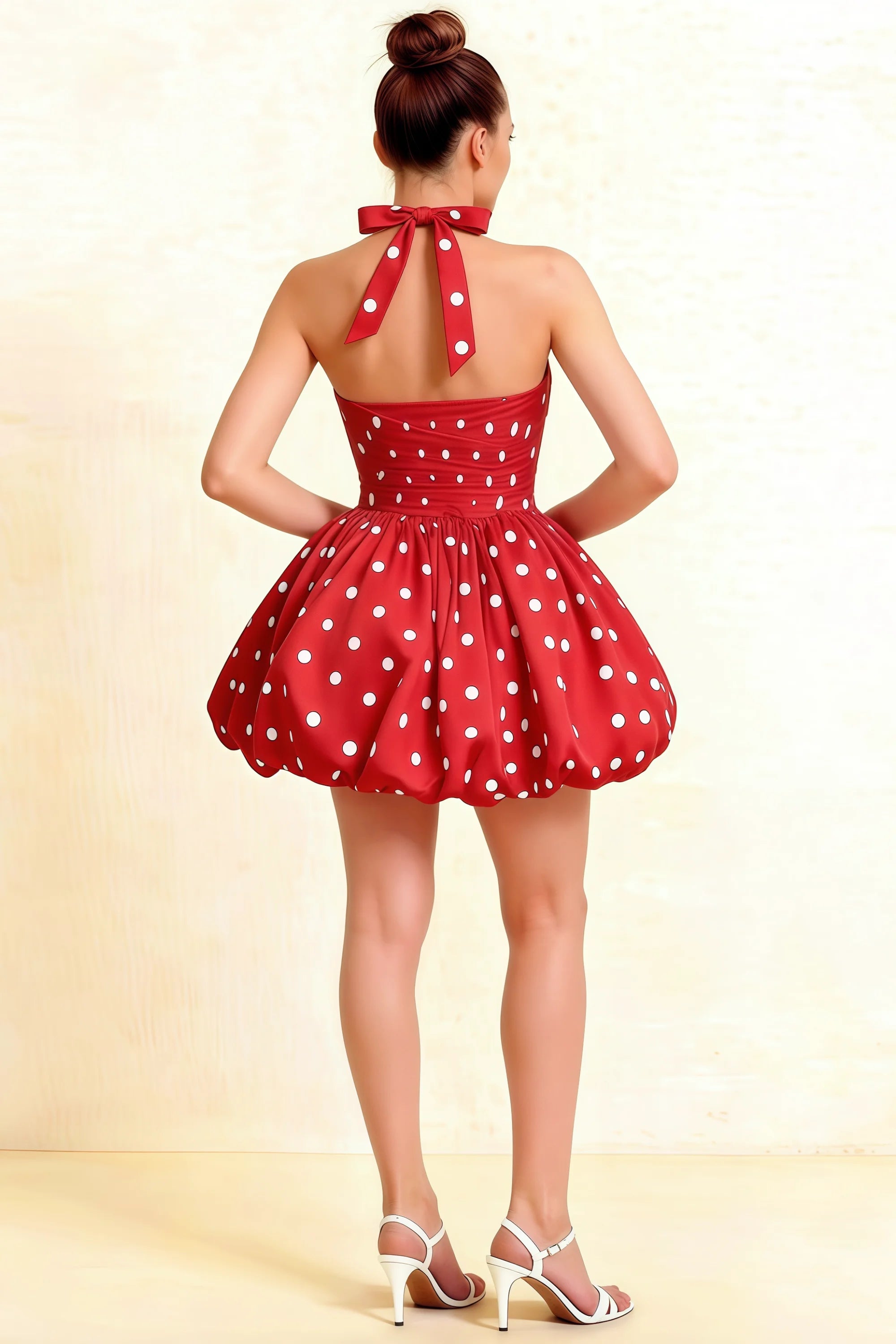 Carolyn Red Polka Dot Lace-up Halter Mini Dress with Ruching Secondary image