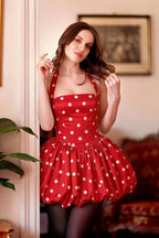 Carolyn Red Polka Dot Lace-up Halter Mini Dress with Ruching