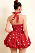 Carolyn Red Polka Dot Lace-up Halter Mini Dress with Ruching