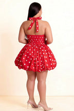 Carolyn Red Polka Dot Lace-up Halter Mini Dress with Ruching
