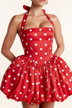 Carolyn Red Polka Dot Lace-up Halter Mini Dress with Ruching