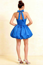 Carolyn Royal Blue Lace-up Halter Mini Dress with Ruching