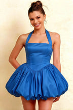 Carolyn Royal Blue Lace-up Halter Mini Dress with Ruching