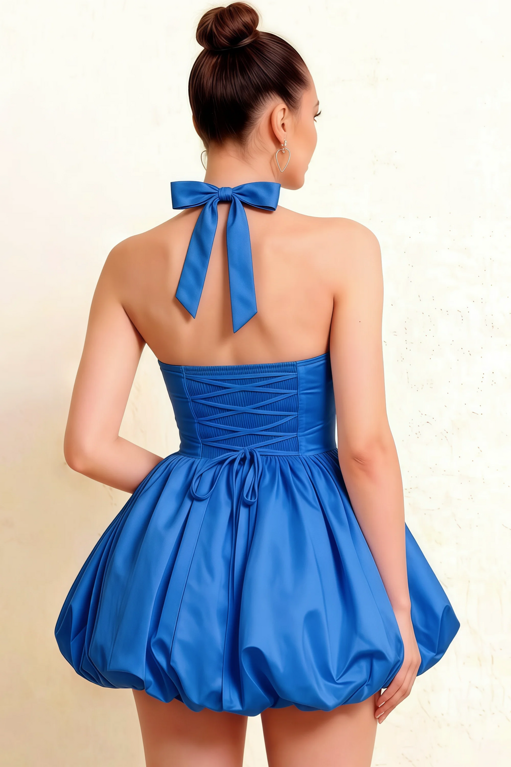 Carolyn Royal Blue Lace-up Halter Mini Dress with Ruching