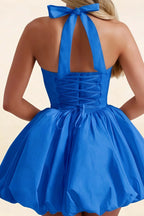 Carolyn Royal Blue Lace-up Halter Mini Dress with Ruching