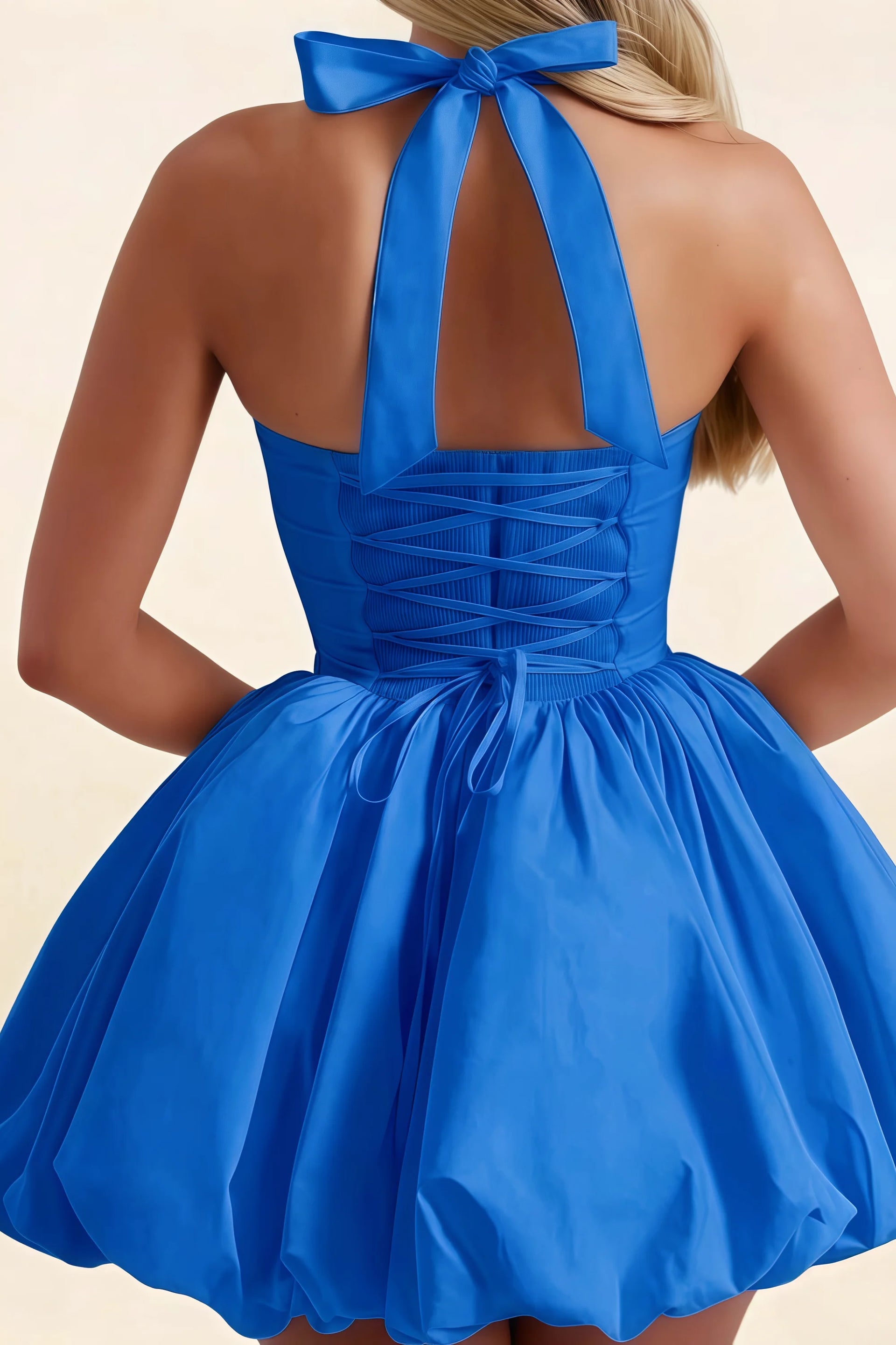 Carolyn Royal Blue Lace-up Halter Mini Dress with Ruching