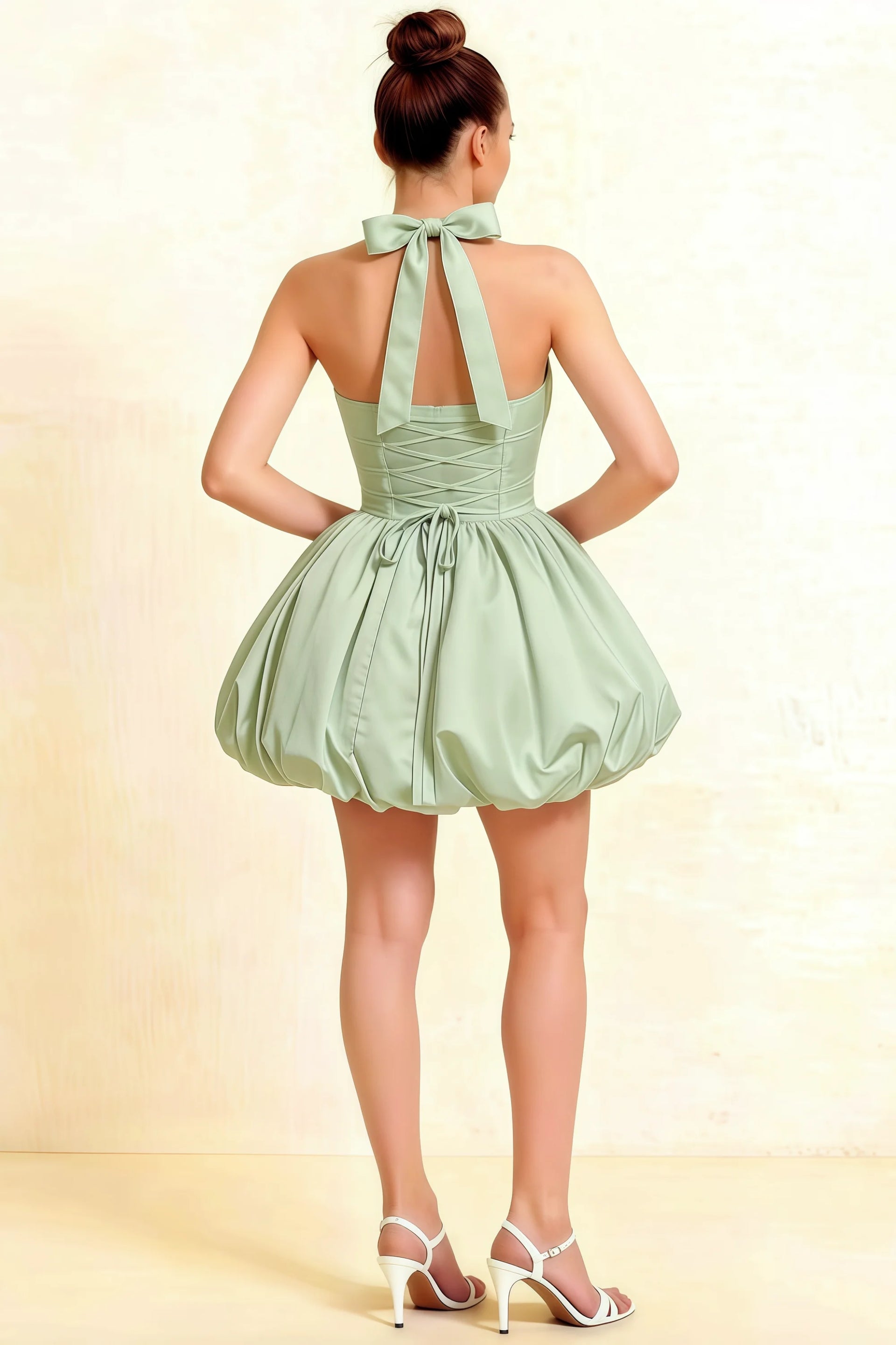 Carolyn Sage Green Lace-up Halter Mini Dress with Ruching