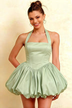 Carolyn Sage Green Lace-up Halter Mini Dress with Ruching