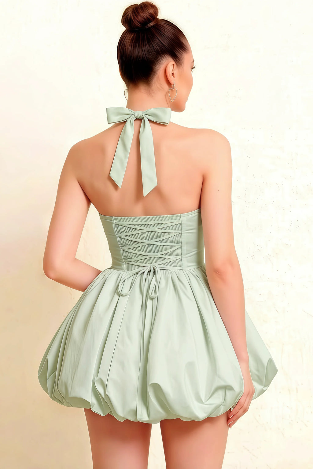 Carolyn Sage Green Lace-up Halter Mini Dress with Ruching