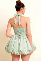 Carolyn Sage Green Lace-up Halter Mini Dress with Ruching