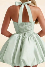 Carolyn Sage Green Lace-up Halter Mini Dress with Ruching