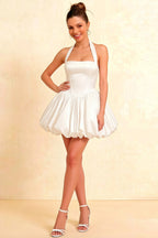 Carolyn White Lace-up Halter Mini Dress with Ruching
