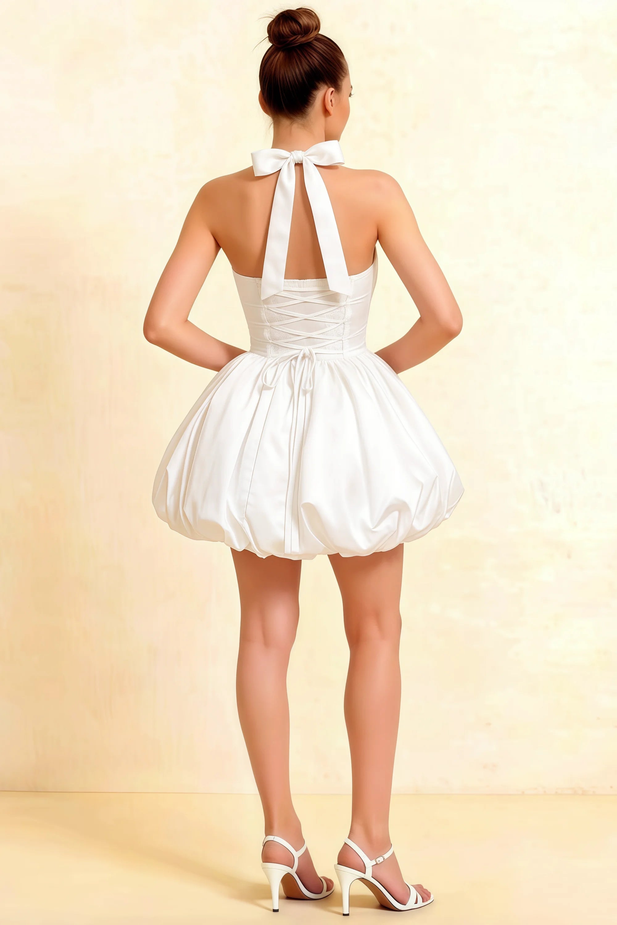 Carolyn White Lace-up Halter Mini Dress with Ruching Imagen secundaria del producto