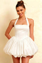 Carolyn White Lace-up Halter Mini Dress with Ruching