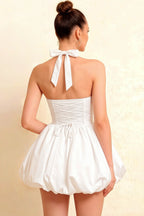 Carolyn White Lace-up Halter Mini Dress with Ruching