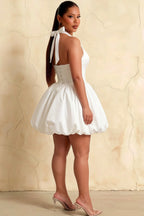 Carolyn White Lace-up Halter Mini Dress with Ruching