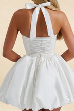 Carolyn White Lace-up Halter Mini Dress with Ruching