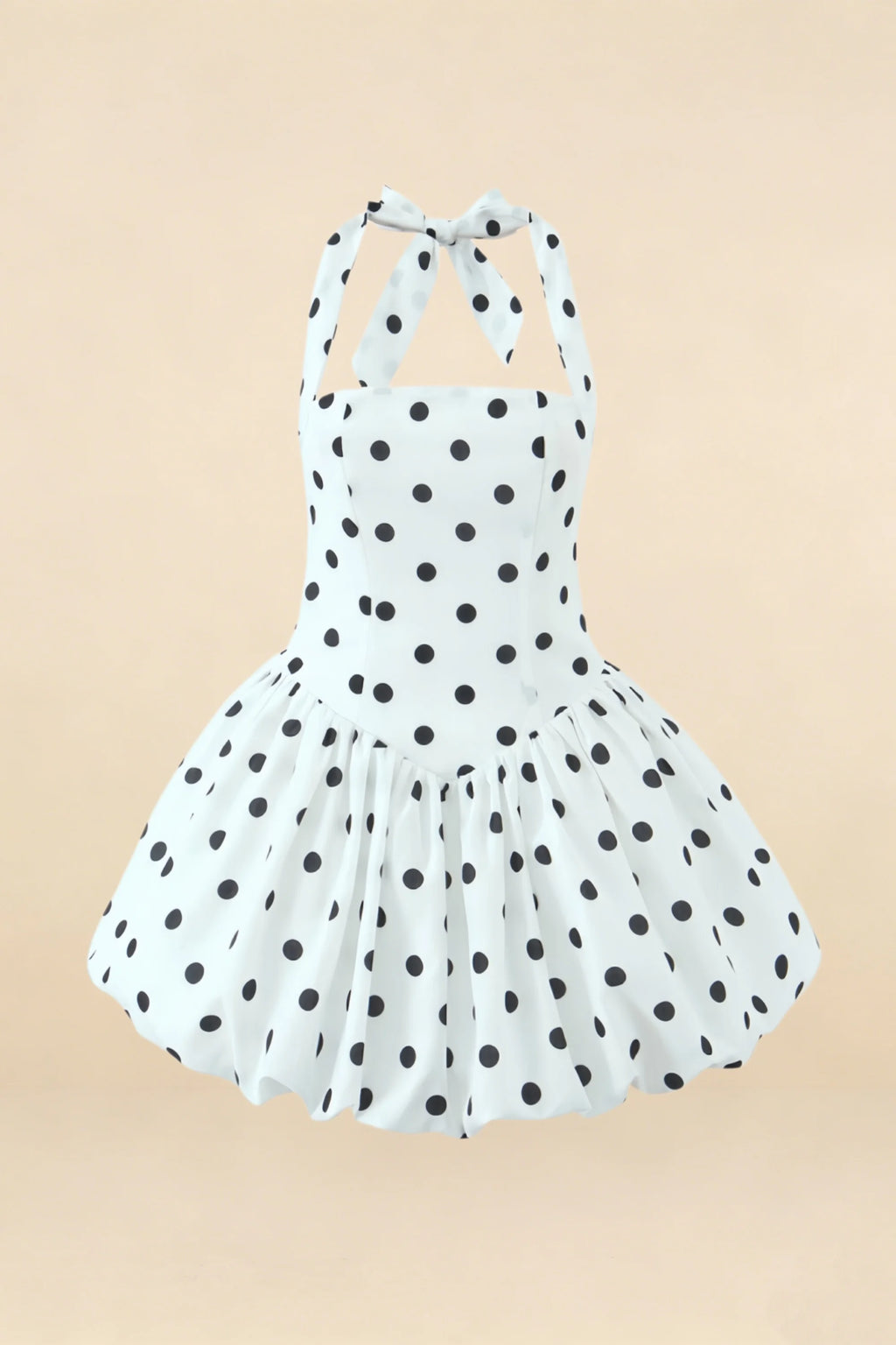 Carolyn White Polka Dot Lace-up Halter Mini Dress with Ruching