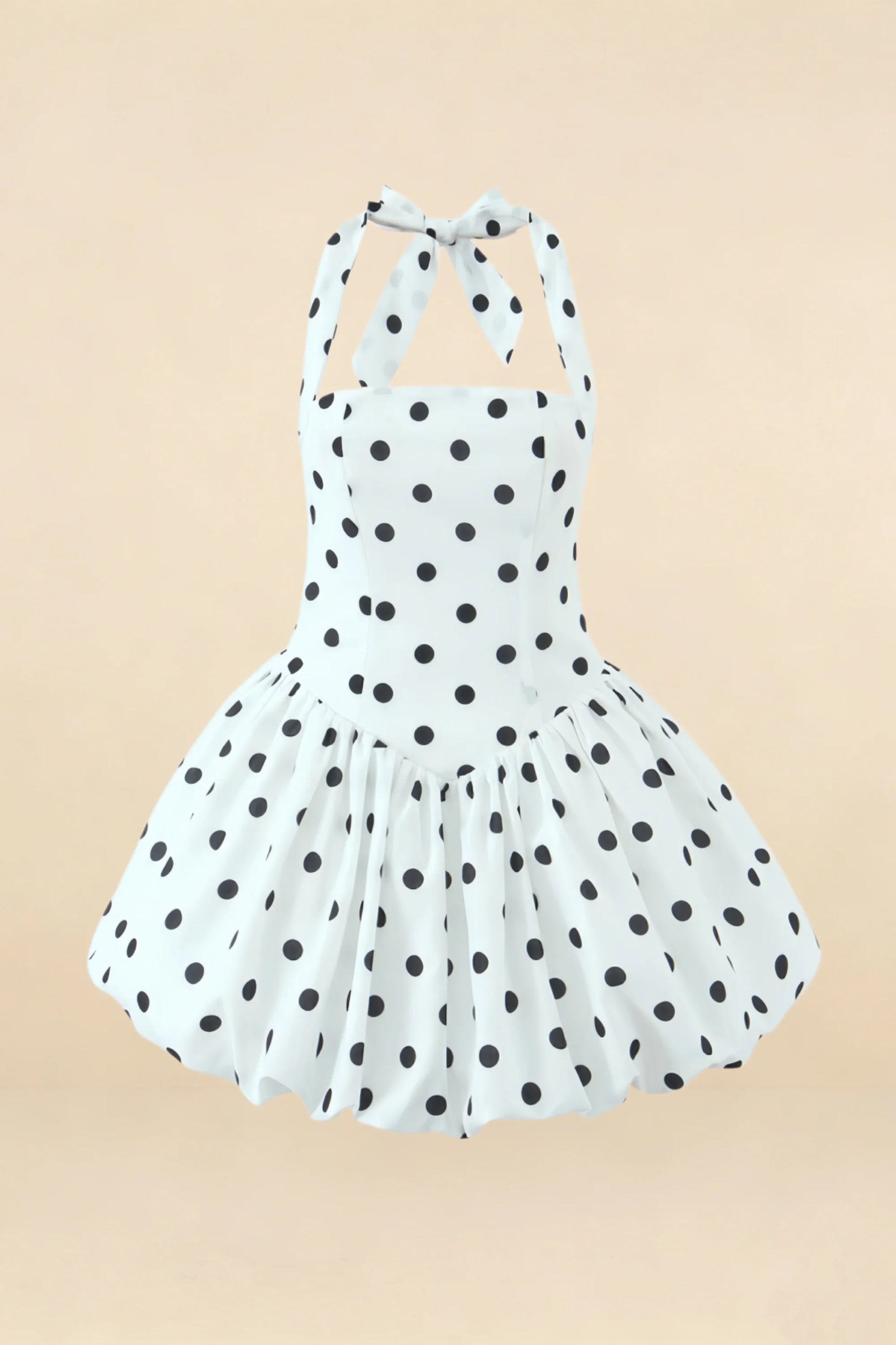 Carolyn White Polka Dot Lace-up Halter Mini Dress with Ruching