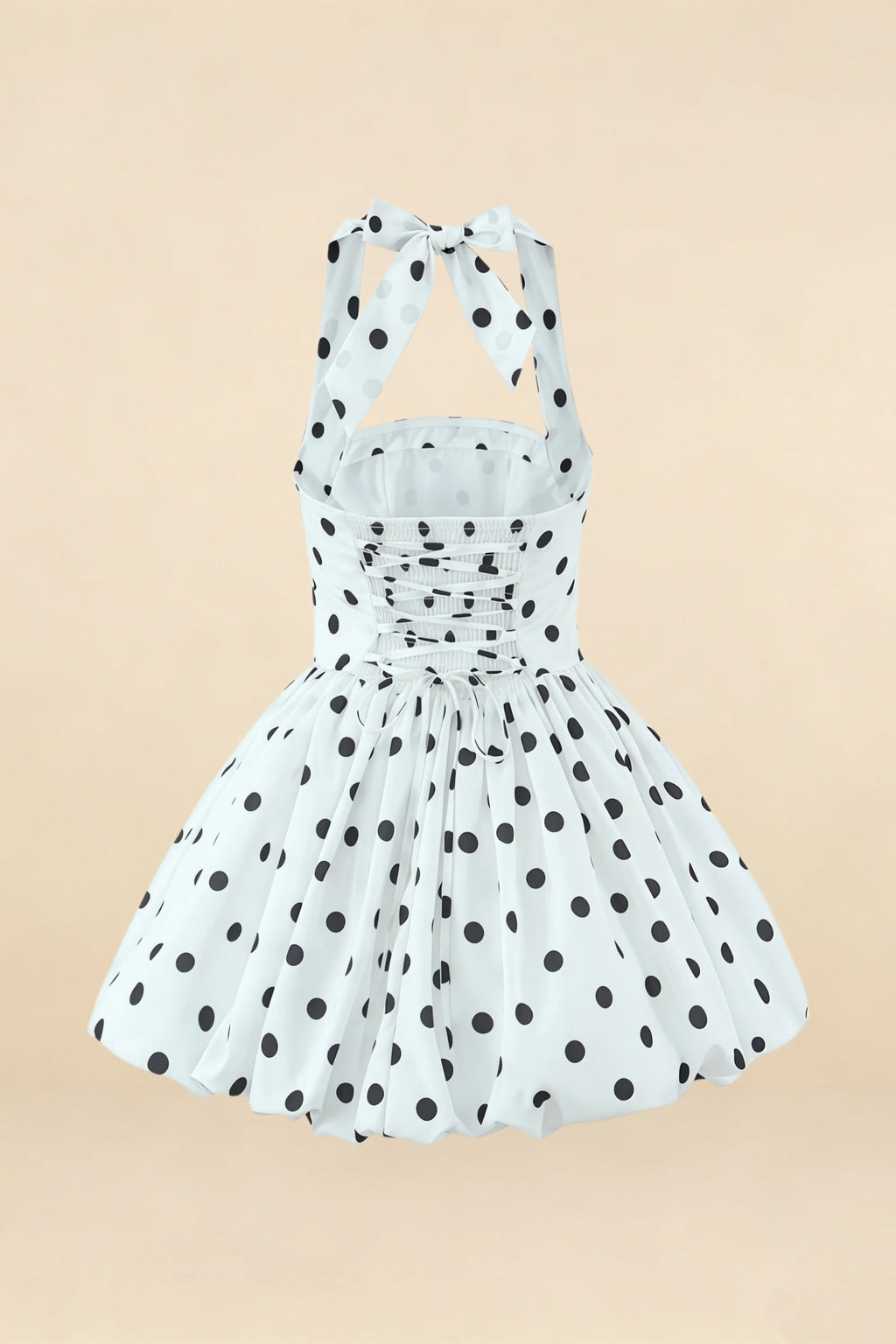 Carolyn White Polka Dot Lace-up Halter Mini Dress with Ruching