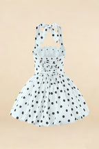 Carolyn White Polka Dot Lace-up Halter Mini Dress with Ruching