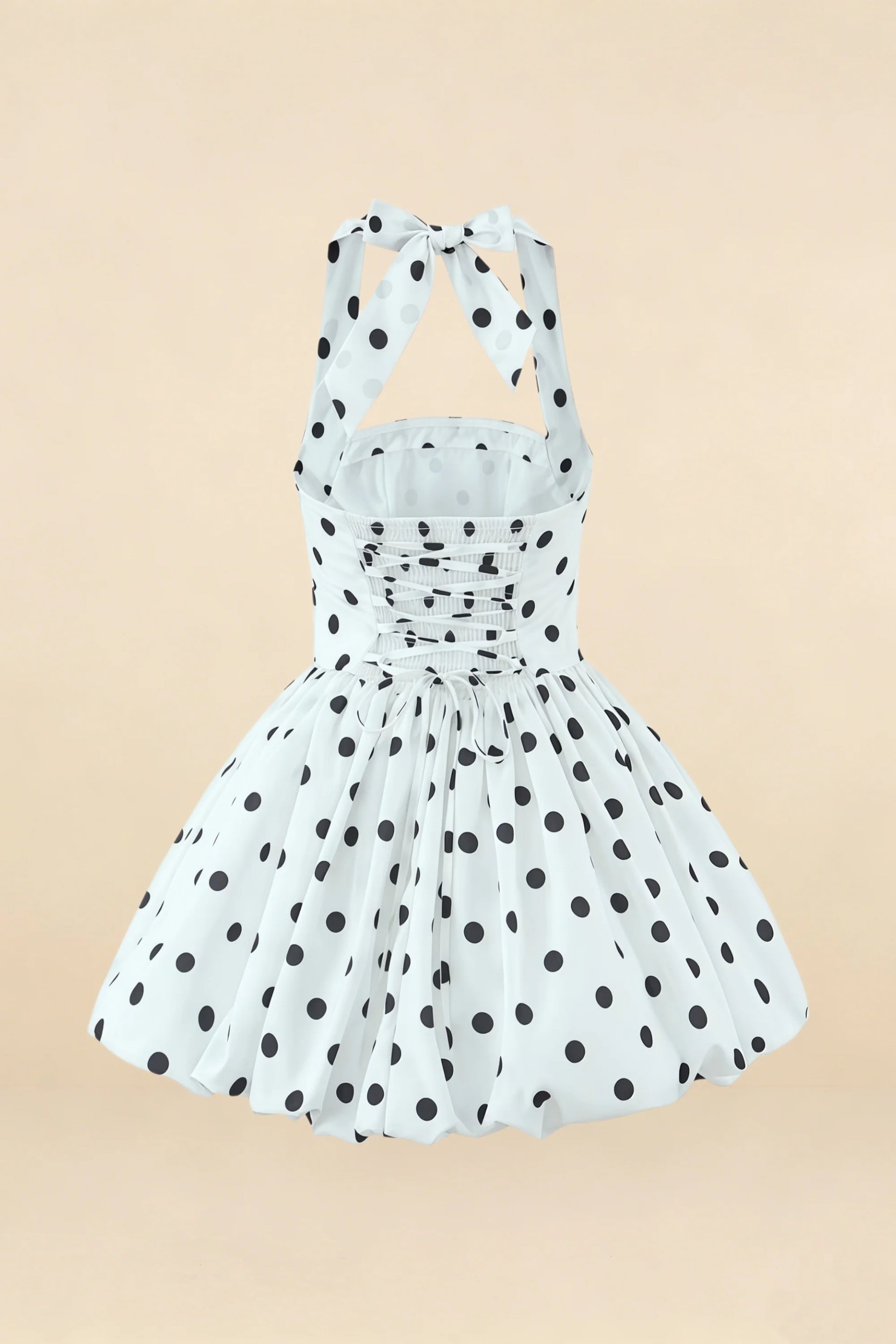 Carolyn White Polka Dot Lace-up Halter Mini Dress with Ruching