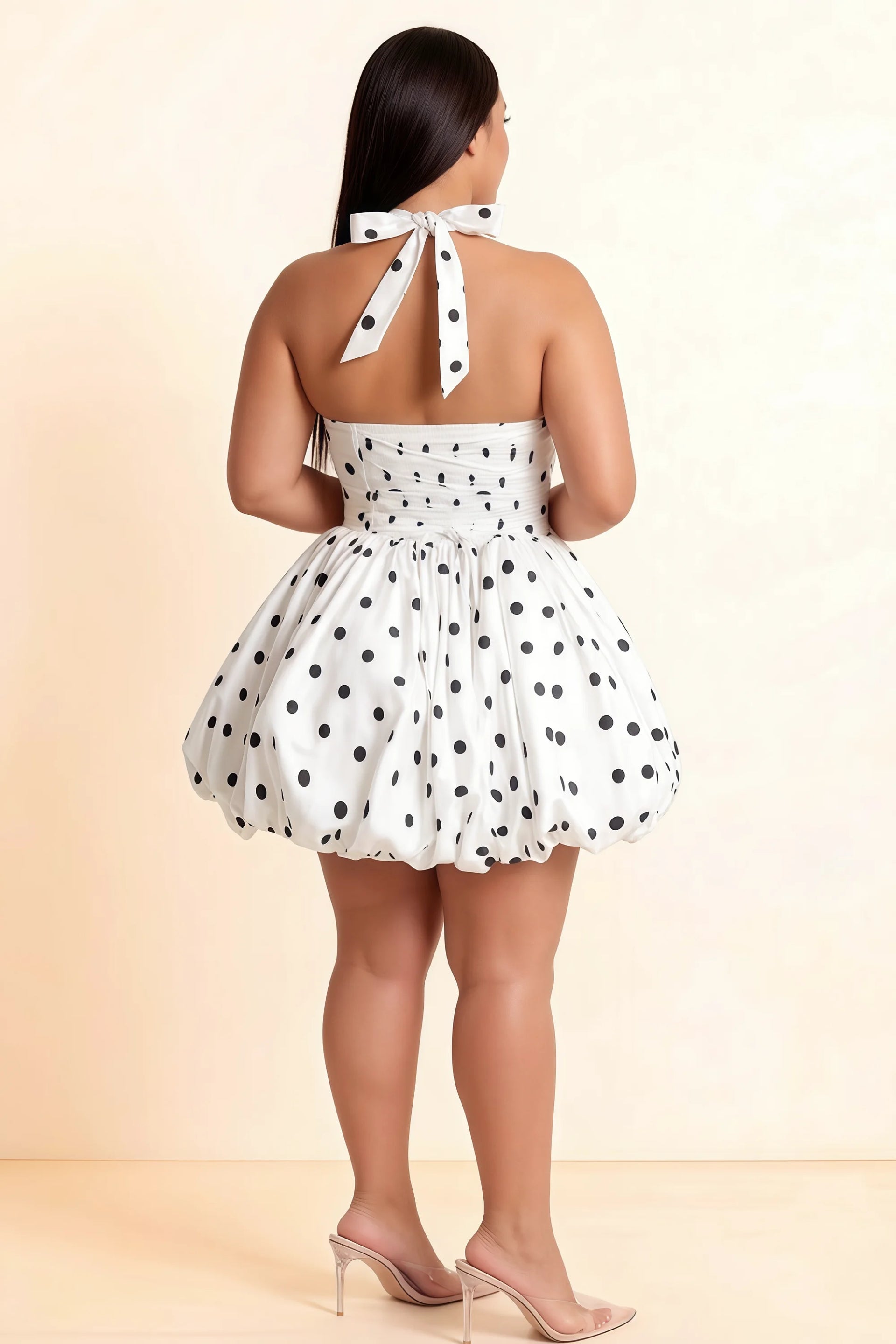 Carolyn White Polka Dot Lace-up Halter Mini Dress with Ruching