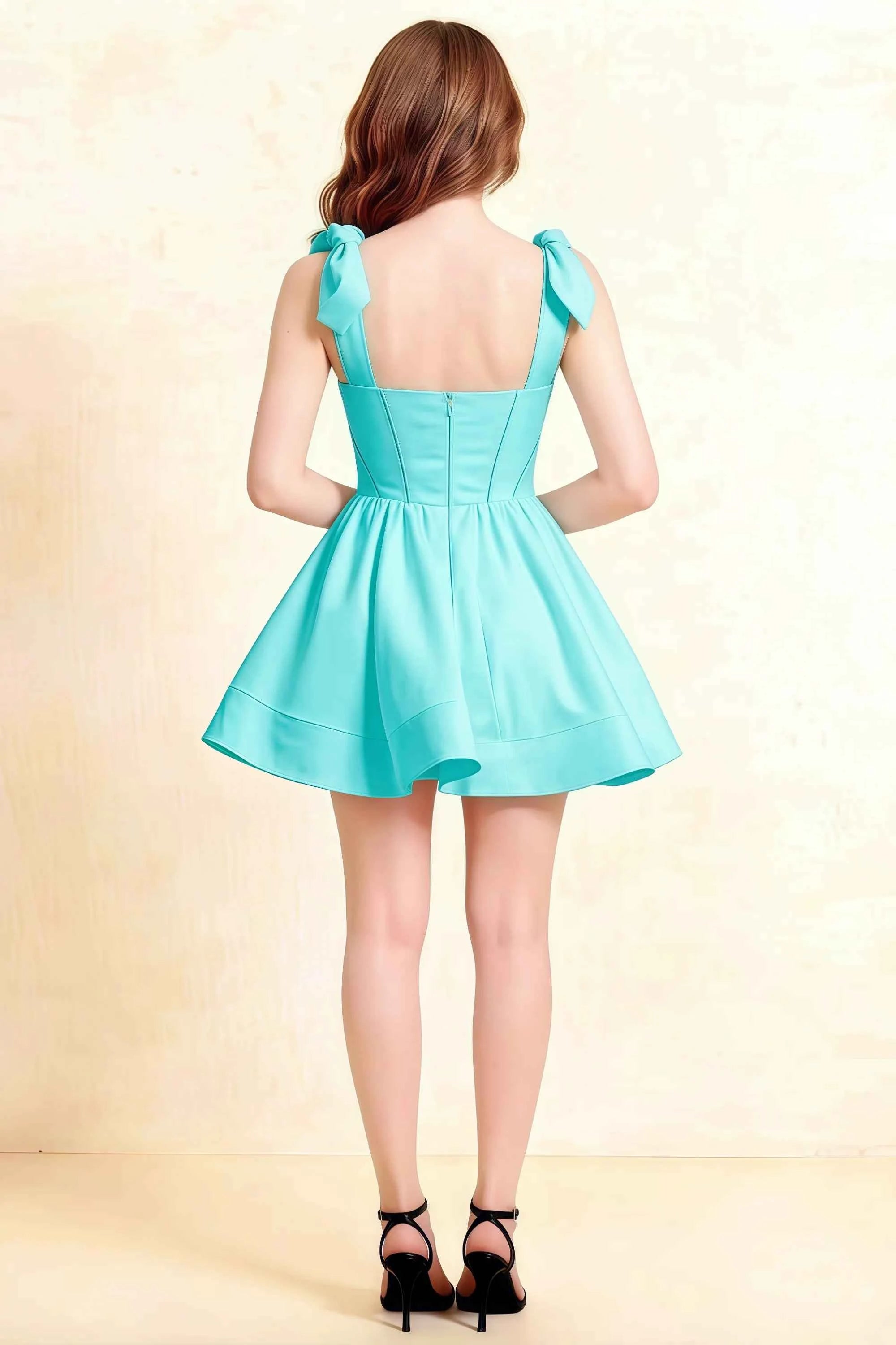 Cassandra Aqua Bow Straps Mini Skater Dress with Square Neckline Imagen secundaria del producto