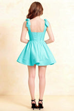 Cassandra Aqua Bow Straps Mini Skater Dress with Square Neckline