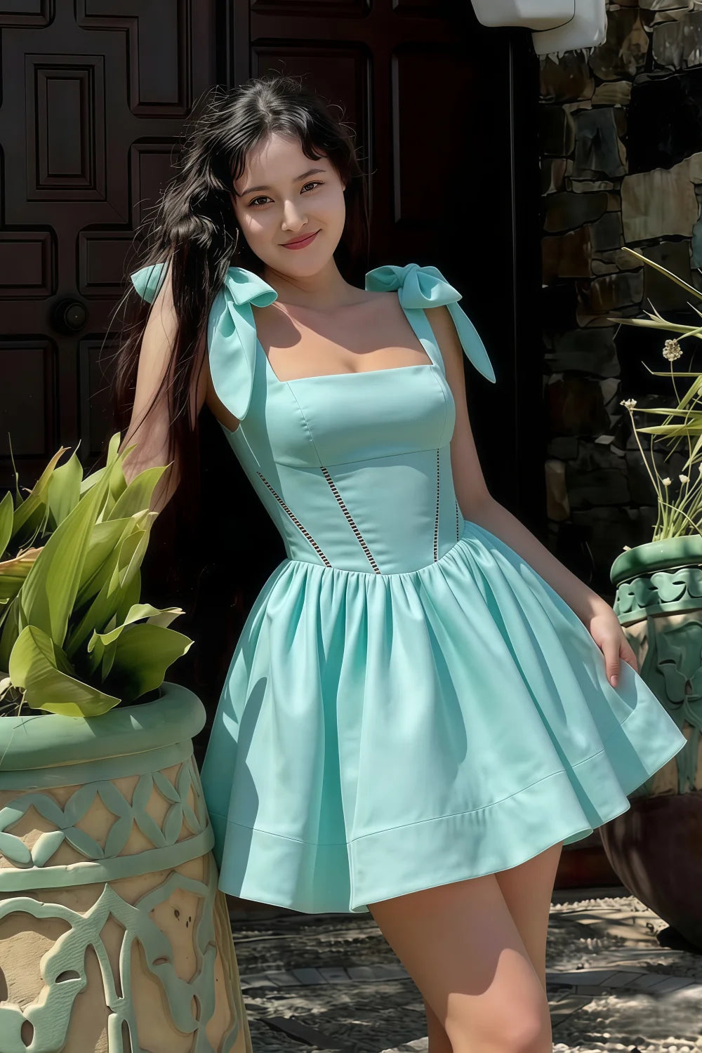 Cassandra Aqua Bow Straps Mini Skater Dress with Square Neckline