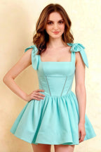 Cassandra Aqua Bow Straps Mini Skater Dress with Square Neckline