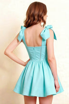 Cassandra Aqua Bow Straps Mini Skater Dress with Square Neckline