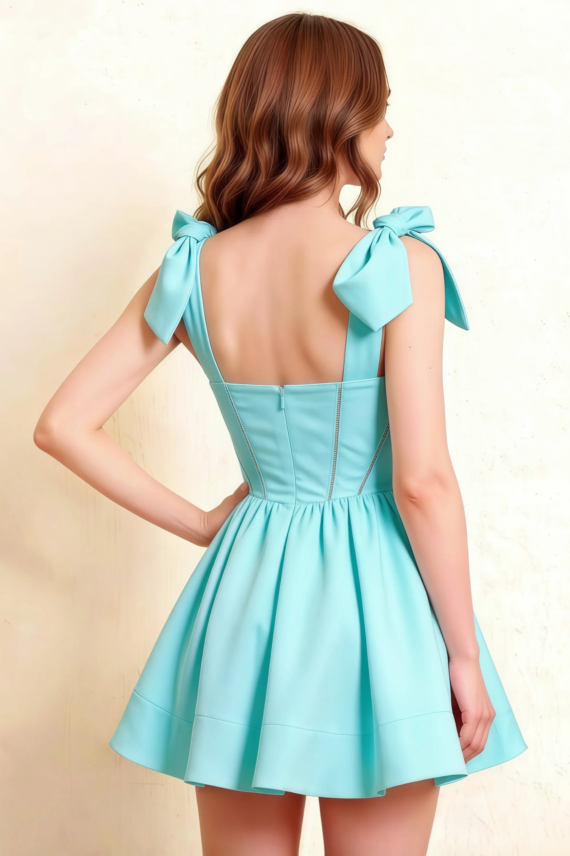 Cassandra Aqua Bow Straps Mini Skater Dress with Square Neckline