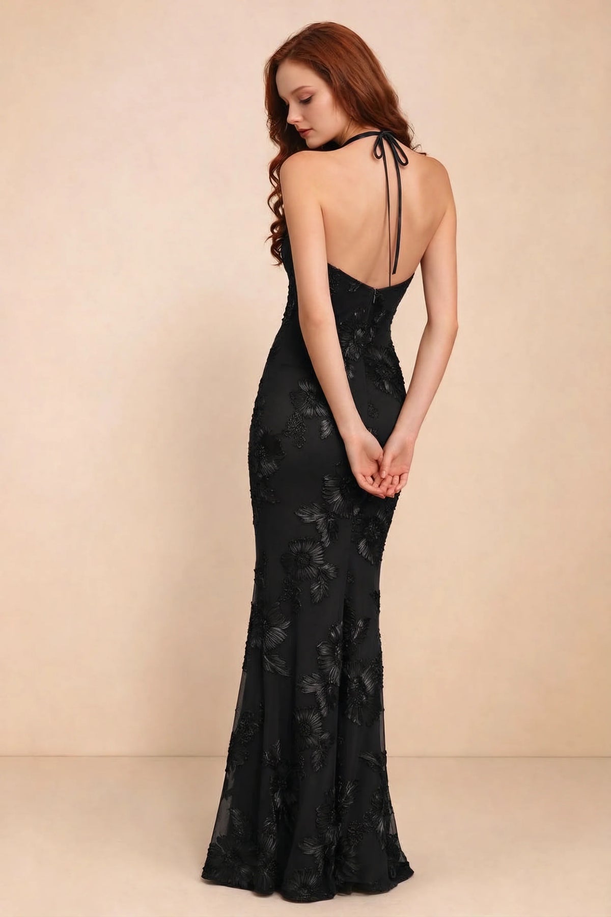Cassandra Black 3D Floral Halter Mermaid Maxi Dress