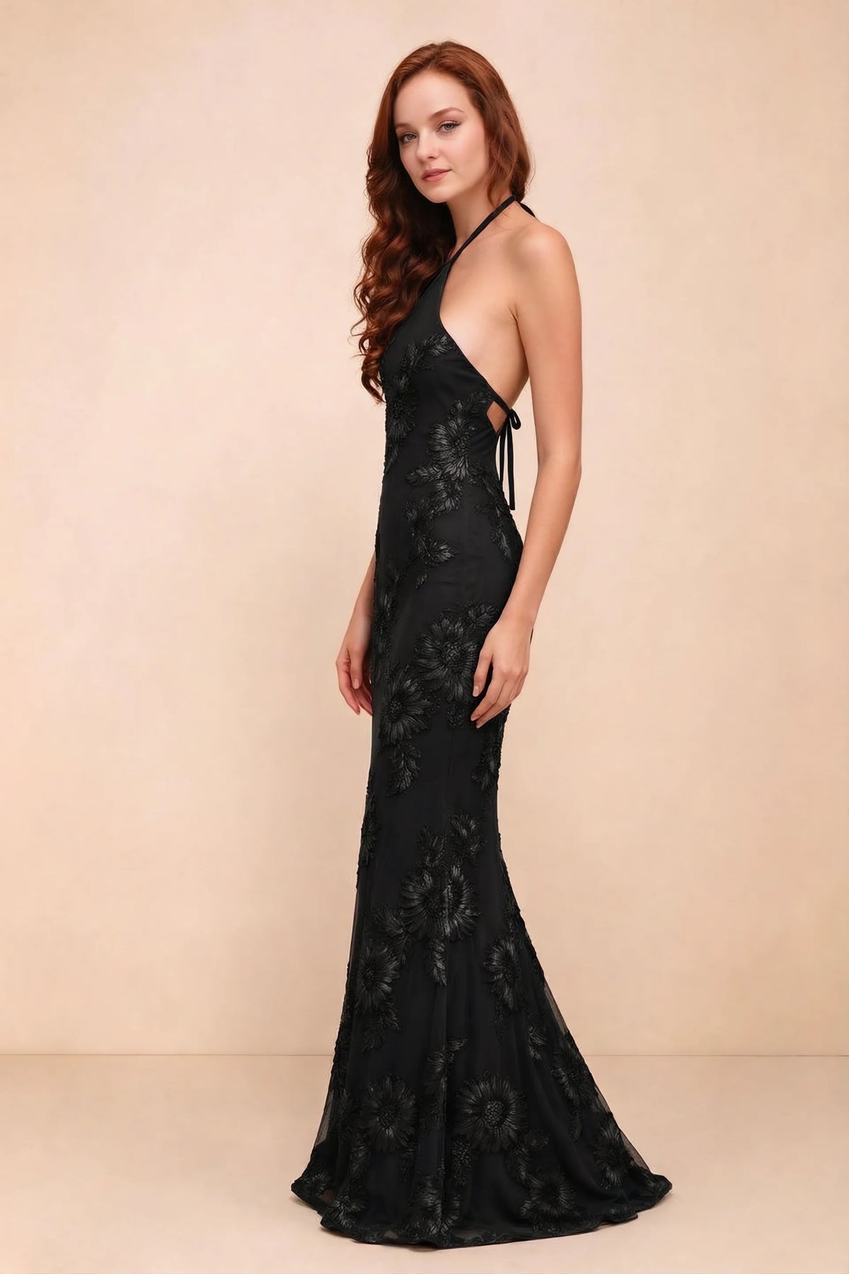 Cassandra Black 3D Floral Halter Mermaid Maxi Dress