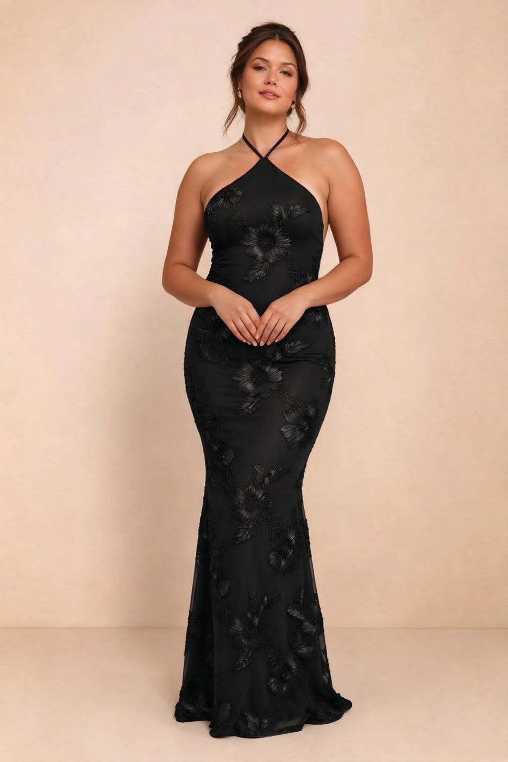 Cassandra Black 3D Floral Halter Mermaid Maxi Dress