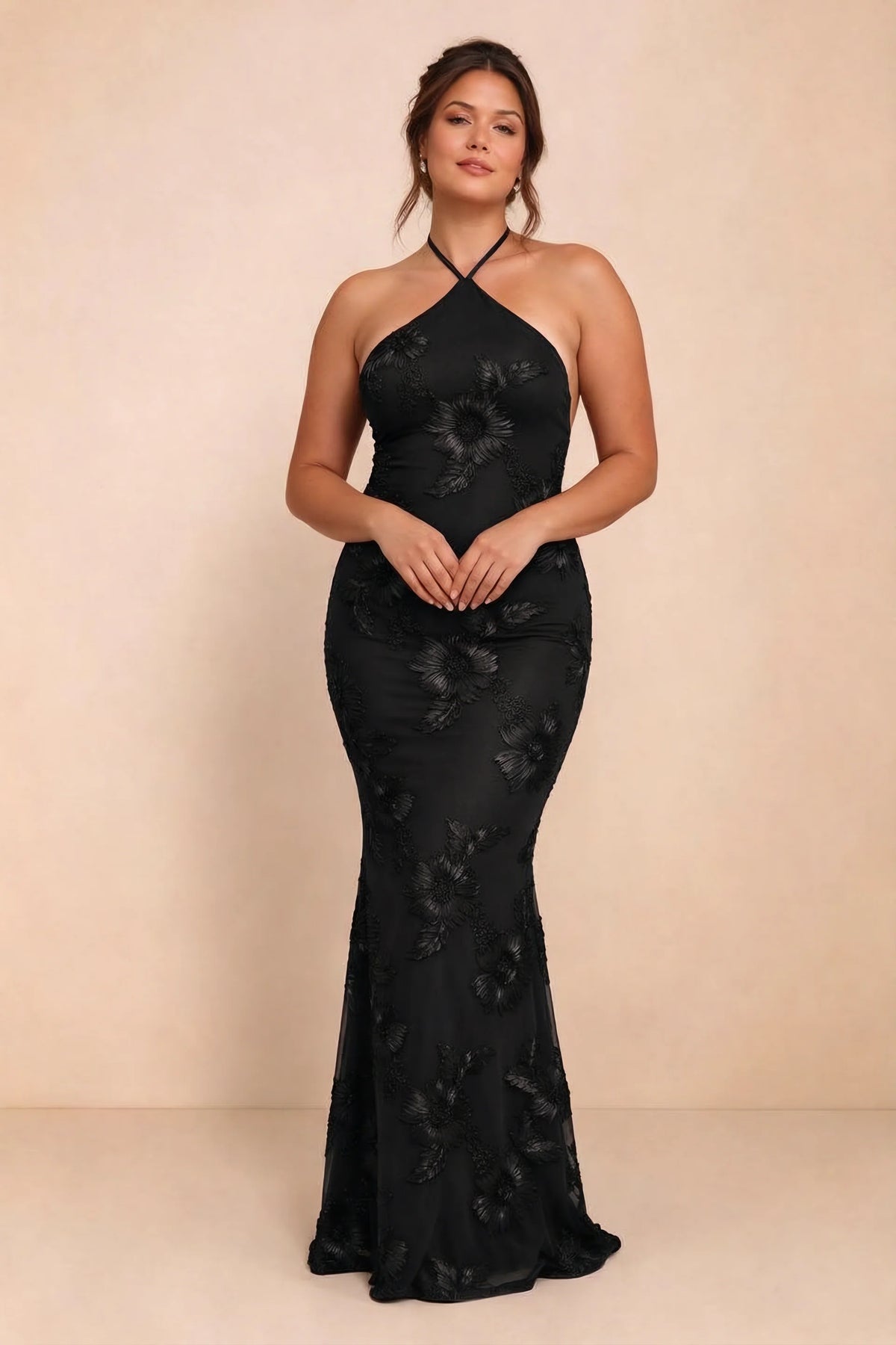 Cassandra Black 3D Floral Halter Mermaid Maxi Dress