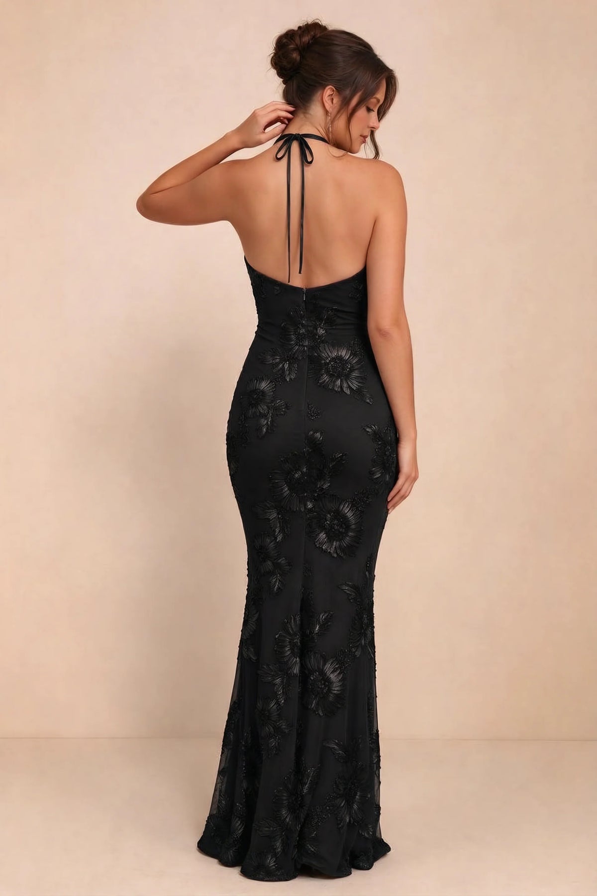 Cassandra Black 3D Floral Halter Mermaid Maxi Dress